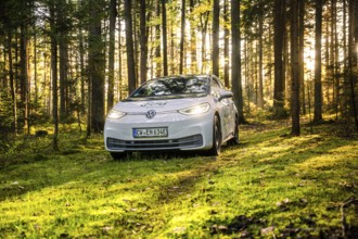 A car is parked in a sun-drenched forest, part of a car sharing service, Deer E-Carsharing, VW ID3,