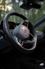 Close-up of a steering wheel in the interior of a car surrounded by a wooded background, Deer