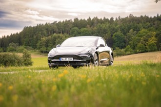 Black car on a country road surrounded by meadows and forest under cloudy sky, Deer E-Carsharing,