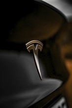 Close-up of Tesla logo on black car with dark background, Deer E- car sharing, Tesla Model 3, Calw,