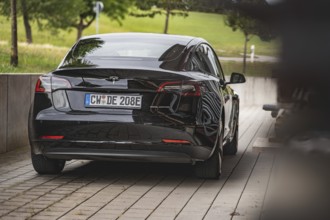 Black car from behind on a road with green landscape in the background, Deer e-Carsharing, Tesla