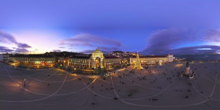 360 degrees aerial panorama of winter twilight at Praca do Comercio in Lisbon, featuring a stunning