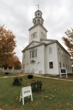 First Congregational Church of Bennington, historic church, multi-tiered bell tower, sign opened,
