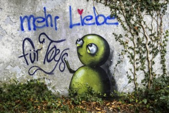 Grafity on an old house wall, dilapidated plant of a former agricultural production cooperative of