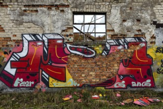 Alte Wand with Grafity of the dilapidated plant of a former agricultural production cooperative of