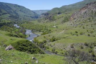 A panoramic view of a green valley with a river surrounded by rolling hills, Kura river, landscape