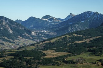 View from the Bolsterlanger Horn of villages in the Illertal and mountains of the Allgäu Alps,