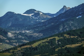 View from Bolsterlanger Horn to mountains of the Allgäu Alps, Bolsterlang, Oberstdorf, Oberallgäu,