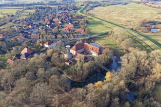The Elbe Castle Bleckede, a two-wing palace complex and original lowland castle, on a medieval keep