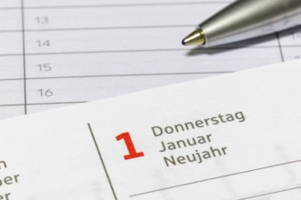 Excerpt from the calendar for January 1st, New Year with a ballpoint pen, diary