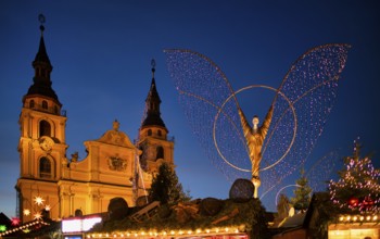 Protestant City Church, golden angel, angel figure, angel motif, baroque Christmas market, blue