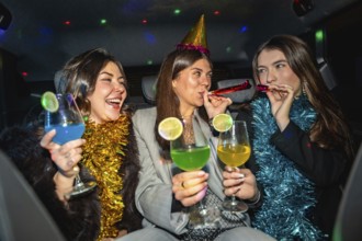 Young women friends celebrating a new year's eve or special occasion, having fun in a car, enjoying