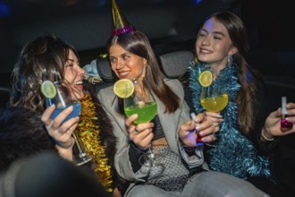 Young women celebrating new year's eve on their way to a party, holding colorful cocktails and