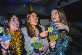 Three young women are happily celebrating a party in a car, enjoying colorful cocktails and good