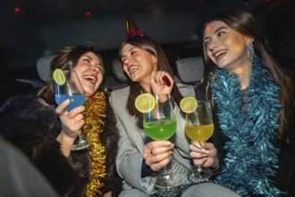 Three happy young women traveling in a car, laughing and toasting colorful cocktails together,