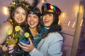 Three happy young women laughing and toasting with colorful cocktails, dressed in costumes,