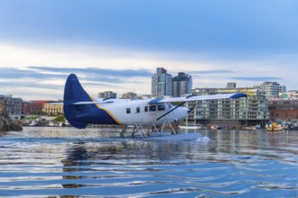 Seaplane is landing in the inner harbour of victoria, british columbia, with the city skyline in