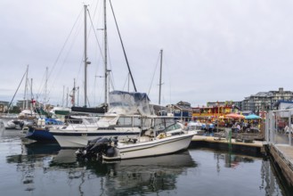 Sailboats and motorboats moored in calm victoria harbor, with colorful floating restaurants and