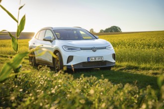 White car standing in a blooming field in sunlight, VW ID4 electric car, Deer Carsharing, Calw,