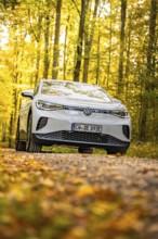 A white Volkswagen on a forest path with yellow autumn leaves, VW ID4 electric car, Deer