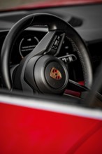 Close-up view of a Porsche steering wheel with modern design elements inside, Porsche Taycan, Deer