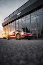 Red sports car in front of a Bentley building at sunset, Porsche Taycan, Deer Carsharing, Calw,