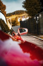 Side mirror of a red car with reflections of a landscape, autumn environment, Porsche Taycan, Deer