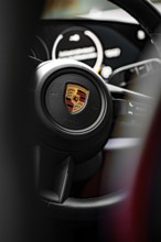 Close-up of a steering wheel with a distinctive logo in the background, Porsche Taycan, Deer
