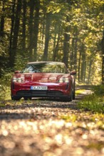 Red car driving on a forest path illuminated by sunlight, Porsche Taycan, Deer Carsharing, Calw,