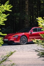 Red car parked on forest road with trees in the background, Porsche Taycan, deer car sharing. Calw,