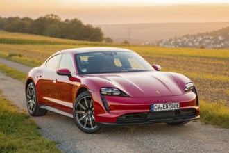 A red sports car drives on an asphalt road through rural landscape, Porsche Taycan, deer car