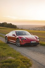 A red sports car on a rural road at sunset next to fields, Porsche Taycan, deer car sharing. Calw,