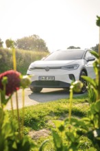 A white car is parked in a meadow surrounded by flowers in sunlight, VW ID4 electric car, Deer