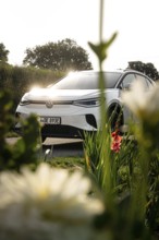 White car behind shade of blossoms, natural scene in sunlight, VW ID4 electric car, deer car