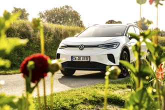 Car on country road surrounded by blooming summer plants, sunny atmosphere, VW ID4 electric car,