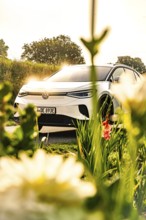 White car behind blossoms in sunshine, bright, spring-like atmosphere, VW ID4 electric car, deer