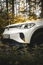White car in the forest with golden sunlight through the trees, VW ID4 electric car, Deer