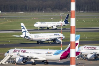 Lufthansa Airbus A321-200 on takeoff, Eurowings aircraft, on outdoor positions and on takeoff,