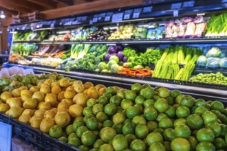 Fresh limes and lemons are piled high in the foreground, with a colorful display of various fruits
