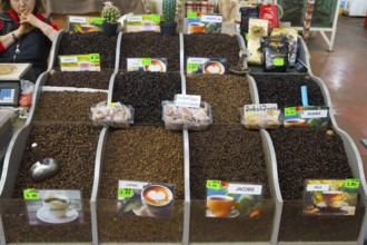 Market stand with a wide selection of different types of coffee beans, Akhaltsikhe market,