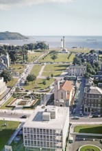 View down Armada way to coast and Plymouth Hoe, Plymouth, Devon, England, UK c 1962