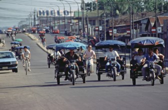 Auto rickshaws, tuk-tuks, Iquitos, Peru, South America, September 1997, vintage, retro, old,