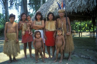 Members of a Yagua tribe near Iquitos on the Amazon pose for photos, Peru, South America, September