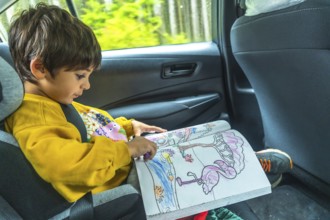 Young child concentrating on a coloring book in a car seat during a scenic drive through the