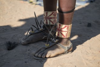 Detail, foot decoration, Hakaona tribe, also Havakona or Hakawona, near Opuwo, Kunene, Namibia