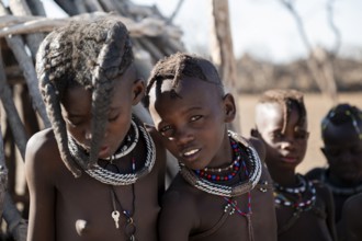 Himba children standing at hut, traditional Himba village, Kaokoveld, Kunene, Namibia