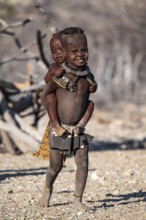 Himba child carrying baby piggyback, traditional Himba village, Kaokoveld, Kunene, Namibia