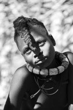 Black and white, portrait, Himba girl, traditional Himba village, Kaokoveld, Kunene, Namibia