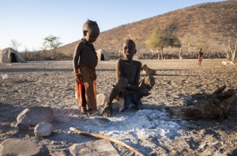 Himba children at a fireplace, traditional Himba village, Kaokoveld, Kunene, Namibia