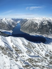 Aerial view, epic view of mountain landscape with snow in winter, summit of Bärenkopf, Achensee,